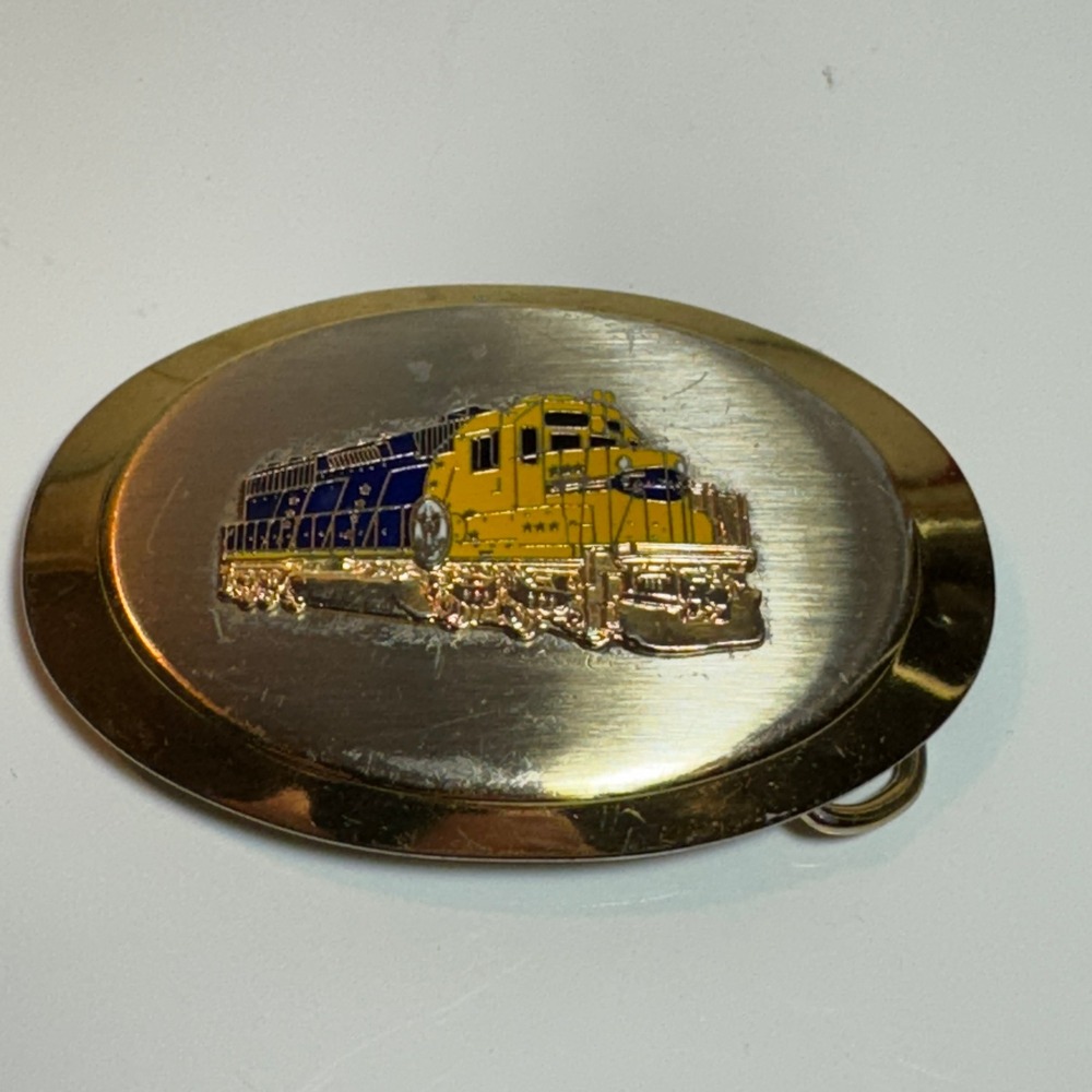 Gold Tone Oval Belt Buckle Die Cast Train Locomotive Yellow Blue‎